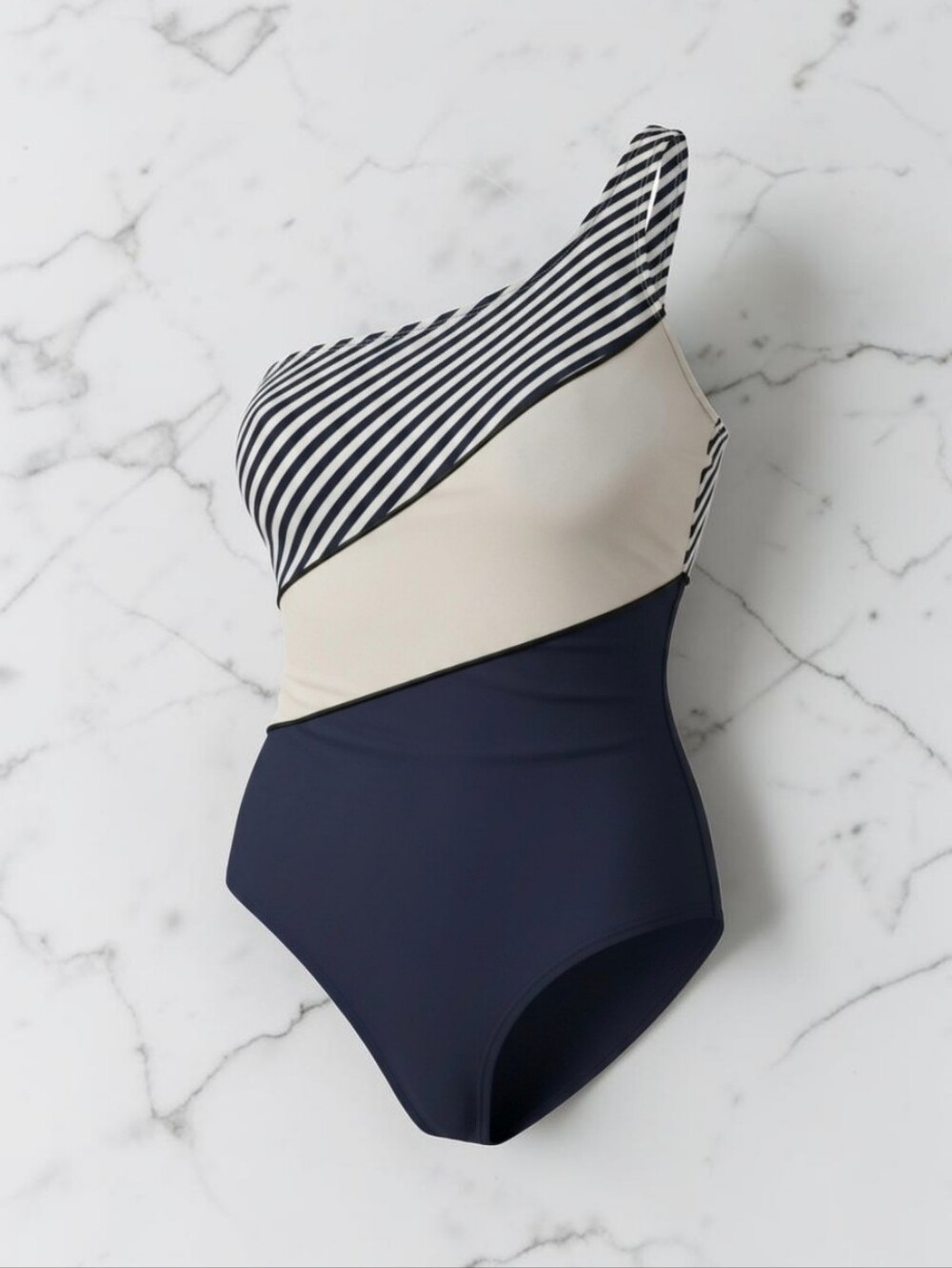 NWT • Kona Sol • Navy and White One-Shoulder One-Piece Swimsuit